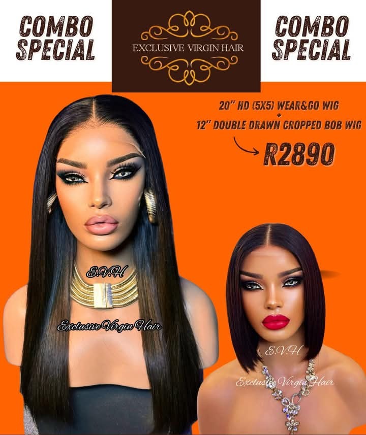 20" HD (5x5) Wear & Go Wig PLUS 12" Double Drawn Cropped Bob Wig