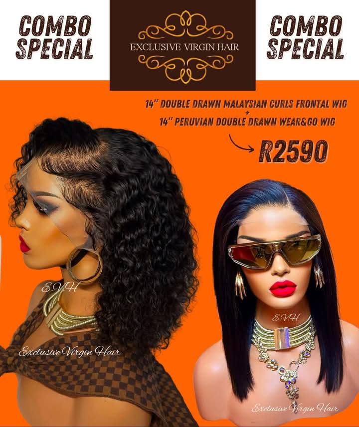 14" Double Drawn Malaysian Curly Full Frontal PLUS 14" Peruvian Double Drawn Wear & Go Wig