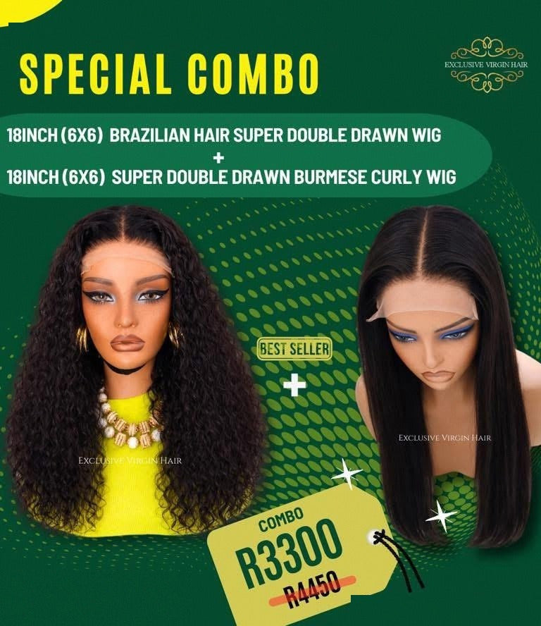 18" Burmese Curls 6x6 HD Wear & Go Wig + 18" Brazilian 6x6 HD Wear & Go Wig