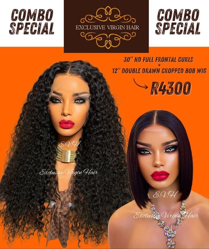 30" Full Frontal Curly PLUS 12" Double Drawn Cropped Bob Wig