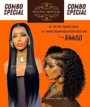 30" Full Frontal Straight PLUS 14" Double Drawn Malaysian Curly Wig