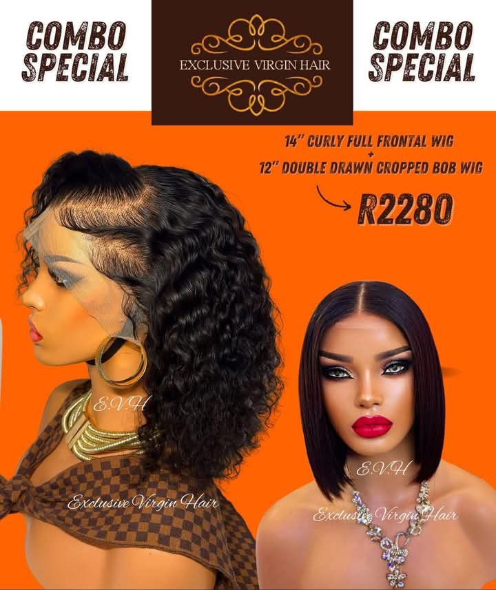 14" Curly Full Frontal Wig PLUS 12" Double Drawn Cropped Bob Wig