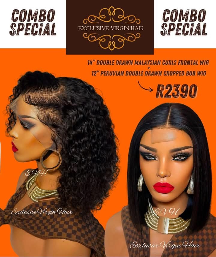 14" Double Drawn Malaysian Curly Full Frontal Wig PLUS 12" Peruvian Double Drawn Cropped Bob Wig