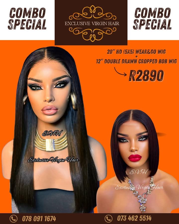 20" HD (5x5) Wear & Go Wig PLUS 12" Double Drawn Cropped Bob Wig