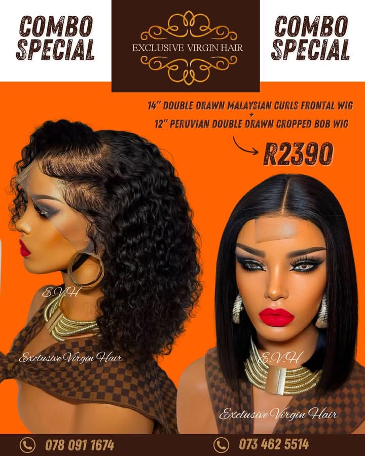 14" Double Drawn Malaysian Curly Full Frontal Wig PLUS 12" Peruvian Double Drawn Cropped Bob Wig
