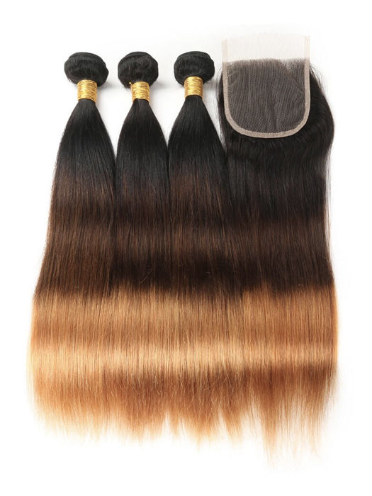 Straight Virgin Hair 10" - 32" * 3 Bundles + Lace Closure Natural & Ombre Colour