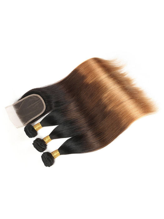 Straight Virgin Hair 10" - 32" * 3 Bundles + Lace Closure Natural & Ombre Colour